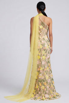 Maxi-Blumenkleid mit einer Schulter mit gelber Meerjungfrauenapplikation