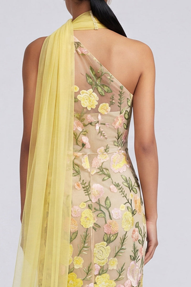 Laden Sie das Bild in den Galerie-Viewer, Maxi-Blumenkleid mit einer Schulter mit gelber Meerjungfrauenapplikation