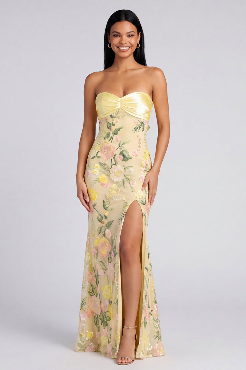 Laden Sie das Bild in den Galerie-Viewer, Trägerloses gelbes Meerjungfrauen-Blumen-Maxikleid mit Schlitz