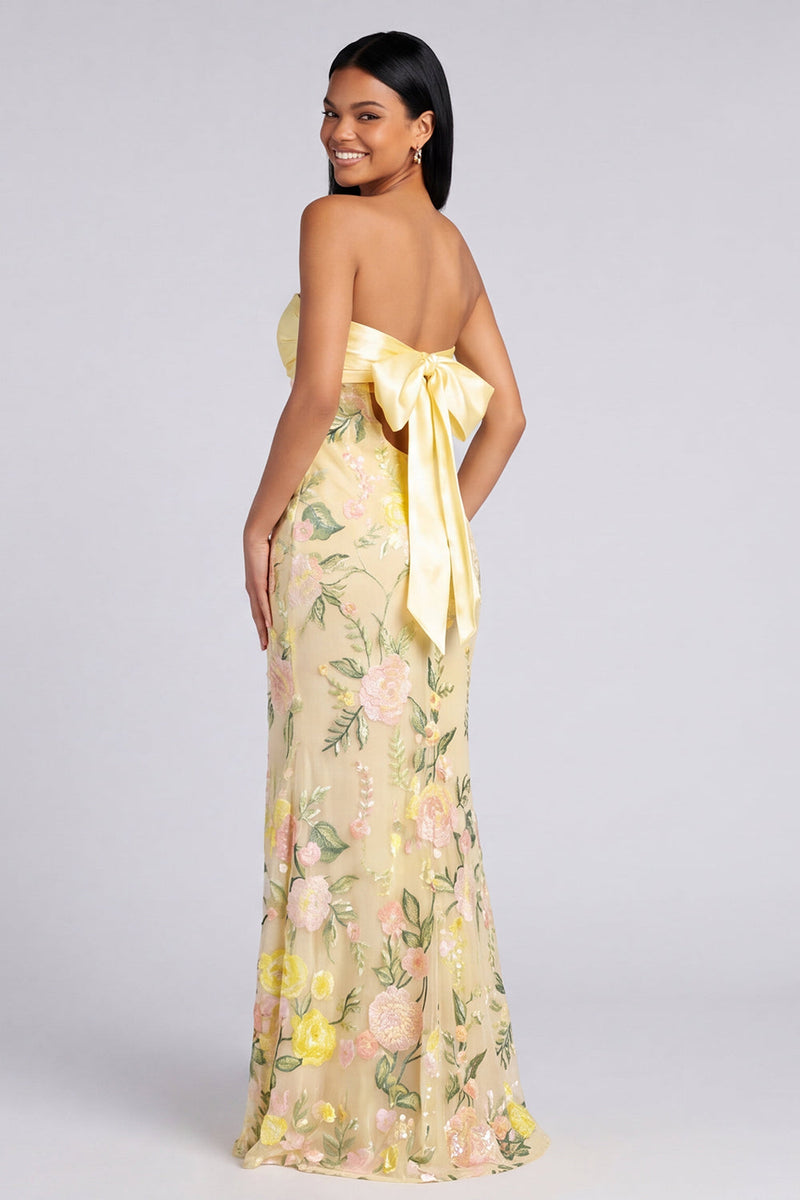 Laden Sie das Bild in den Galerie-Viewer, Trägerloses gelbes Meerjungfrauen-Blumen-Maxikleid mit Schlitz