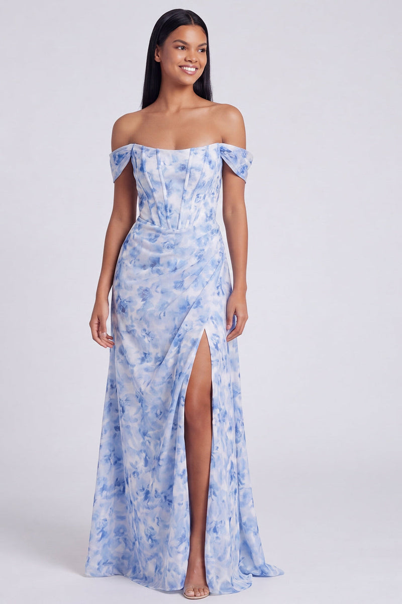 Laden Sie das Bild in den Galerie-Viewer, Off-the-shoulder blaues Blumenmuster A-Linie Festkleid mit Schlitz