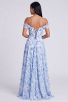 Laden Sie das Bild in den Galerie-Viewer, Off-the-shoulder blaues Blumenmuster A-Linie Festkleid mit Schlitz