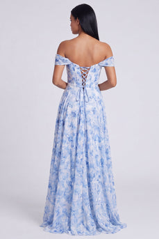 Off-the-shoulder blaues Blumenmuster A-Linie Festkleid mit Schlitz
