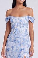 Laden Sie das Bild in den Galerie-Viewer, Off-the-shoulder blaues Blumenmuster A-Linie Festkleid mit Schlitz