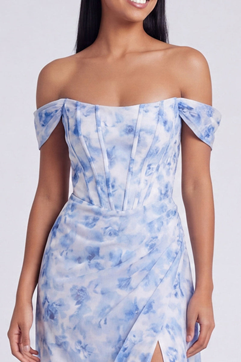 Laden Sie das Bild in den Galerie-Viewer, Off-the-shoulder blaues Blumenmuster A-Linie Festkleid mit Schlitz