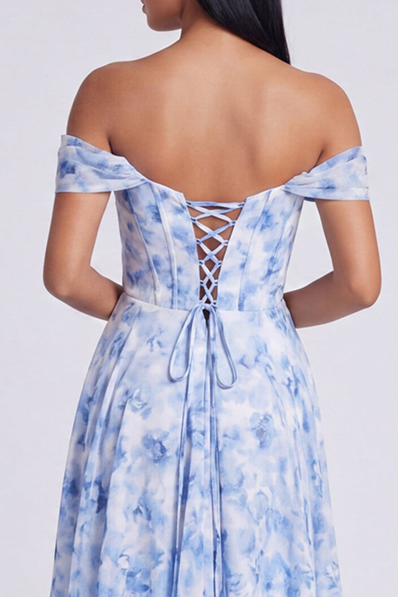 Laden Sie das Bild in den Galerie-Viewer, Off-the-shoulder blaues Blumenmuster A-Linie Festkleid mit Schlitz