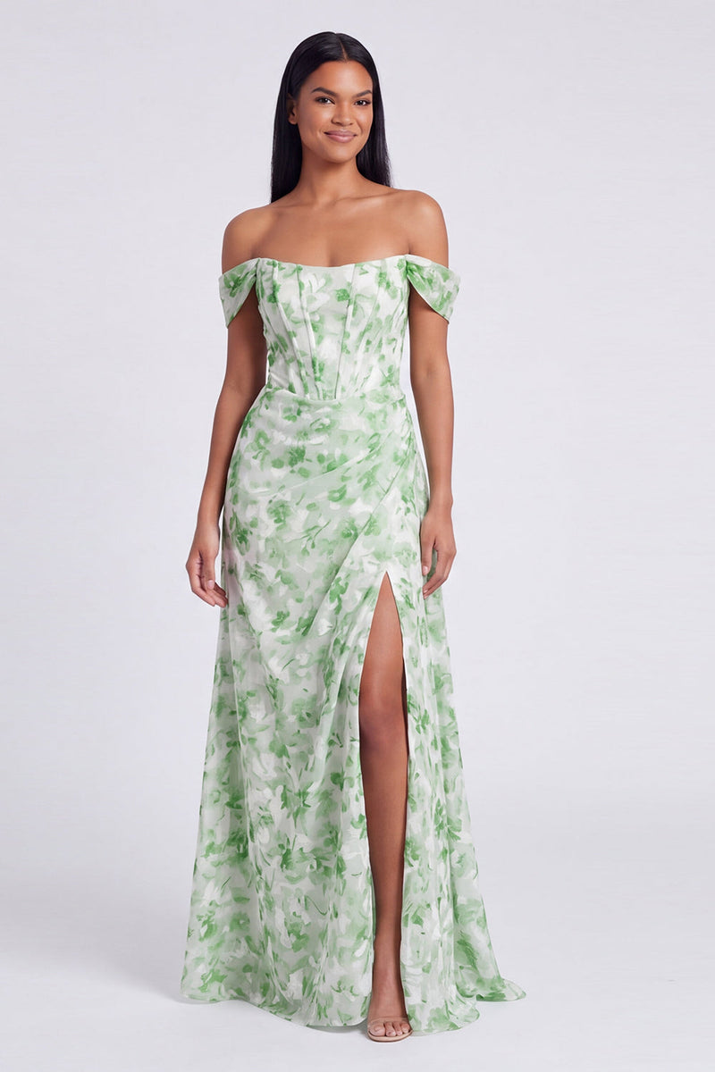 Laden Sie das Bild in den Galerie-Viewer, Off-the-shoulder blaues Blumenmuster A-Linie Festkleid mit Schlitz