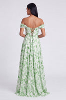 Laden Sie das Bild in den Galerie-Viewer, Off-the-shoulder blaues Blumenmuster A-Linie Festkleid mit Schlitz