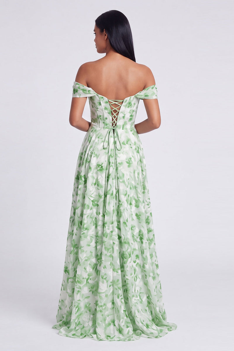 Laden Sie das Bild in den Galerie-Viewer, Off-the-shoulder blaues Blumenmuster A-Linie Festkleid mit Schlitz