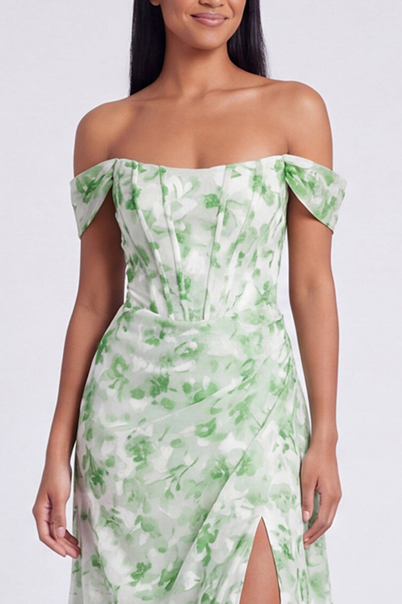 Laden Sie das Bild in den Galerie-Viewer, Off-the-shoulder blaues Blumenmuster A-Linie Festkleid mit Schlitz
