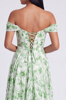 Laden Sie das Bild in den Galerie-Viewer, Off-the-shoulder blaues Blumenmuster A-Linie Festkleid mit Schlitz