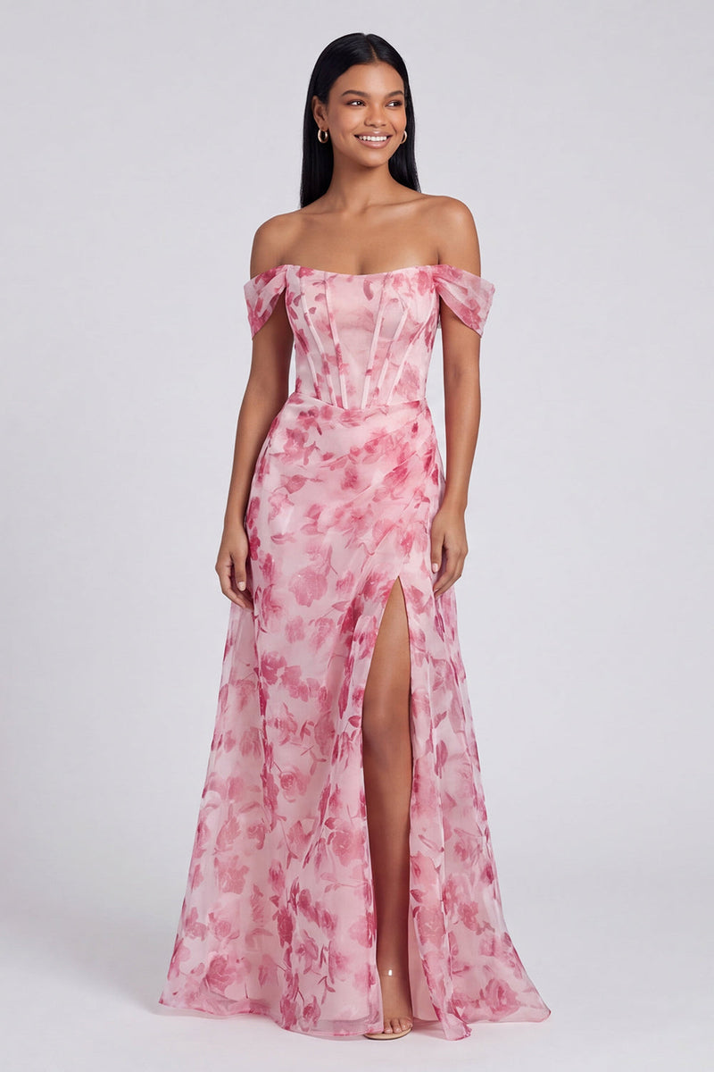 Laden Sie das Bild in den Galerie-Viewer, Off-the-shoulder blaues Blumenmuster A-Linie Festkleid mit Schlitz