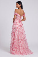 Laden Sie das Bild in den Galerie-Viewer, Off-the-shoulder blaues Blumenmuster A-Linie Festkleid mit Schlitz