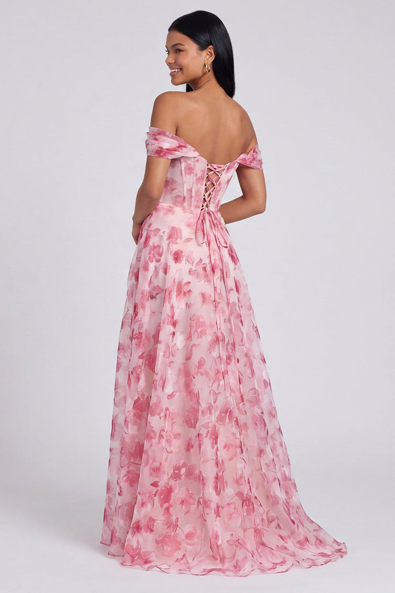 Laden Sie das Bild in den Galerie-Viewer, Off-the-shoulder blaues Blumenmuster A-Linie Festkleid mit Schlitz