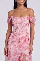 Laden Sie das Bild in den Galerie-Viewer, Off-the-shoulder blaues Blumenmuster A-Linie Festkleid mit Schlitz