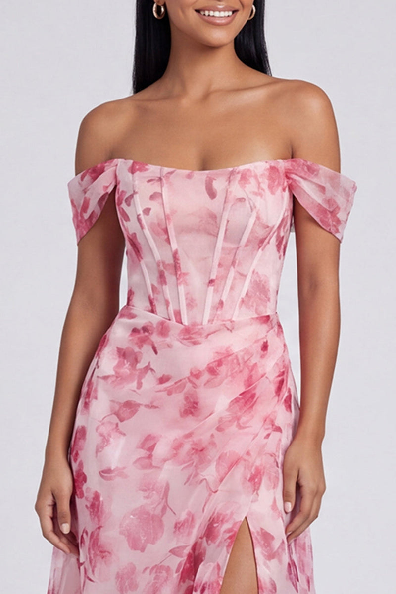 Laden Sie das Bild in den Galerie-Viewer, Off-the-shoulder blaues Blumenmuster A-Linie Festkleid mit Schlitz