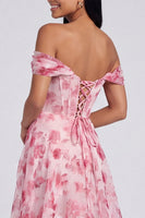 Laden Sie das Bild in den Galerie-Viewer, Off-the-shoulder blaues Blumenmuster A-Linie Festkleid mit Schlitz