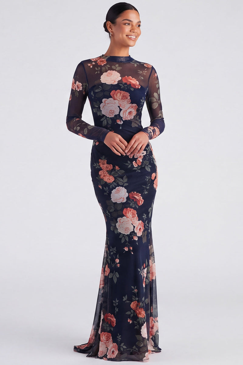 Laden Sie das Bild in den Galerie-Viewer, Elfenbeinfarbenes, florales Bootsausschnitt Meerjungfrauenlangarmiges Festkleid