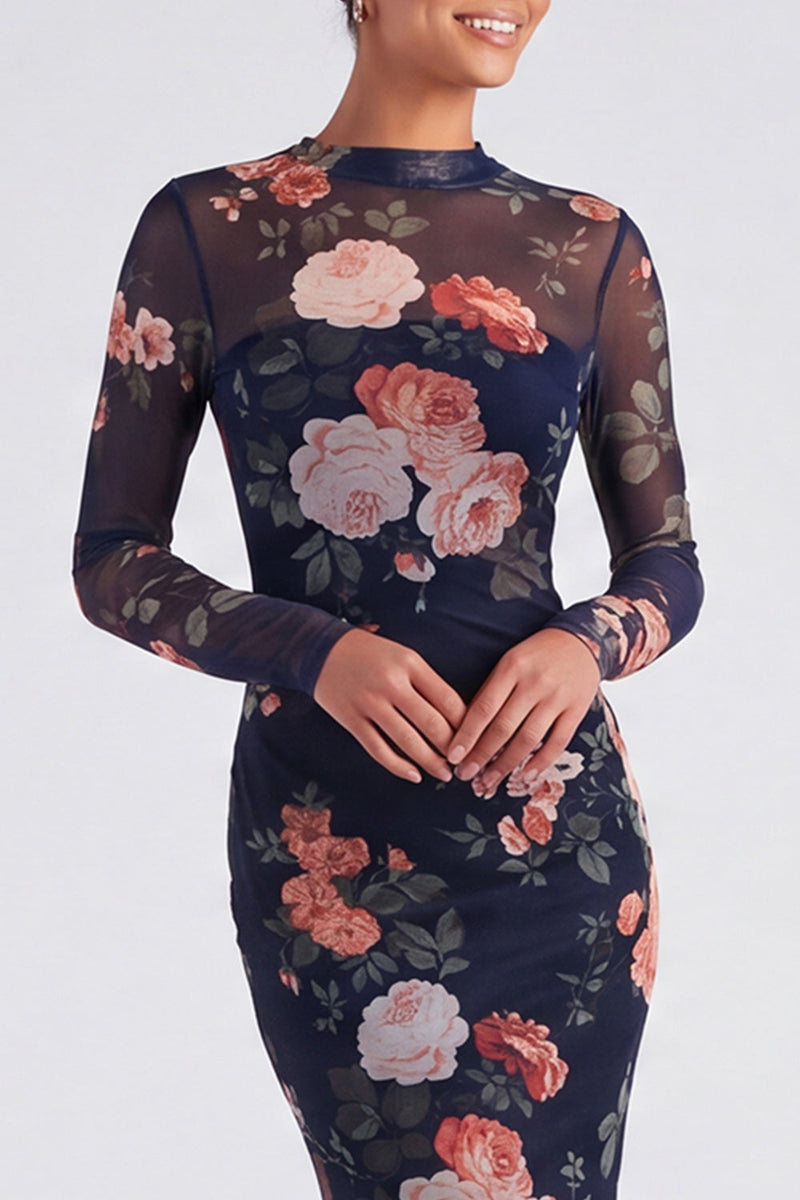 Laden Sie das Bild in den Galerie-Viewer, Elfenbeinfarbenes, florales Bootsausschnitt Meerjungfrauenlangarmiges Festkleid