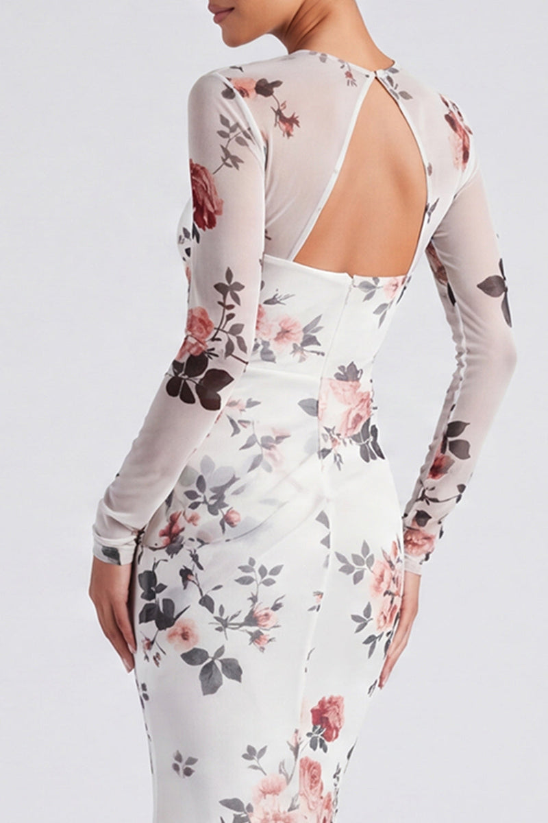 Laden Sie das Bild in den Galerie-Viewer, Elfenbeinfarbenes, florales Bootsausschnitt Meerjungfrauenlangarmiges Festkleid