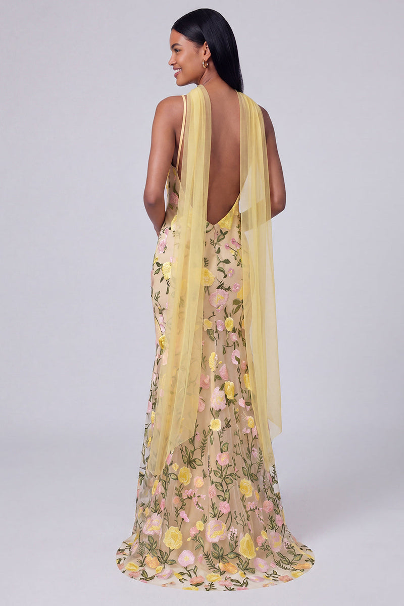 Laden Sie das Bild in den Galerie-Viewer, Gelbes florales Spaghettiträger Meerjungfrauen-Festkleid mit Halsschal