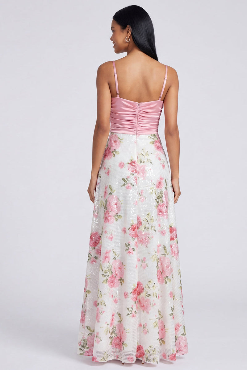 Laden Sie das Bild in den Galerie-Viewer, Ein hellrosa Spaghettiträger-Maxi-Kleid mit Blumen