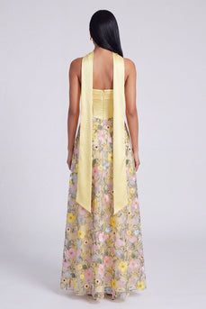 Trägerloses Gelbes A-Linie Maxi Blumen Hochzeitsgastkleid mit Schal