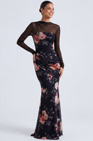 Laden Sie das Bild in den Galerie-Viewer, Schwarzes Blumen-Illusionshals-Meerjungfrauen-Langarm-Festkleid