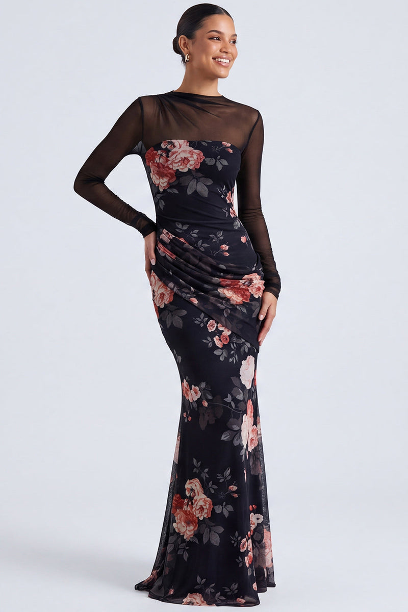 Laden Sie das Bild in den Galerie-Viewer, Schwarzes Blumen-Illusionshals-Meerjungfrauen-Langarm-Festkleid