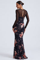 Laden Sie das Bild in den Galerie-Viewer, Schwarzes Blumen-Illusionshals-Meerjungfrauen-Langarm-Festkleid