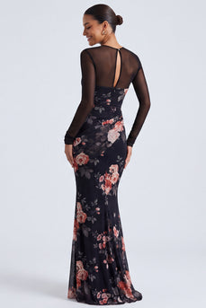 Schwarzes Blumen Illusionshals Meerjungfrauen Langarm Festkleid