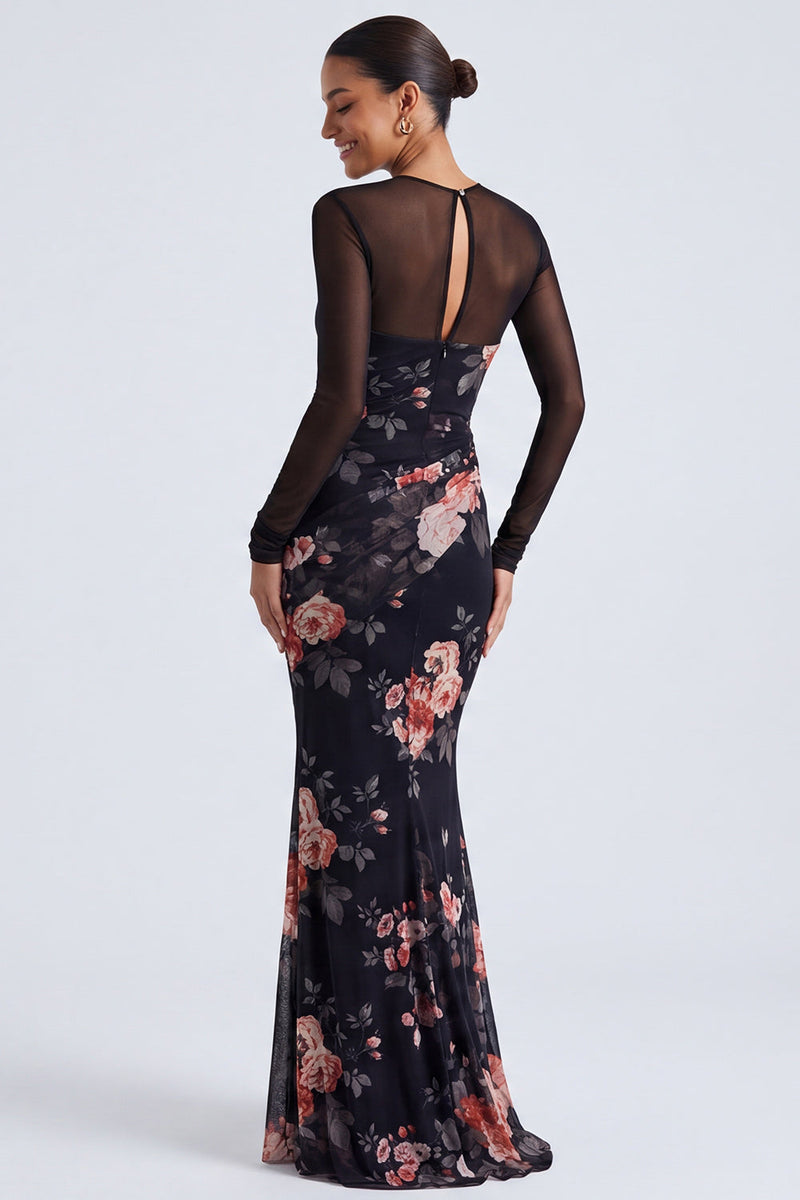 Laden Sie das Bild in den Galerie-Viewer, Schwarzes Blumen-Illusionshals-Meerjungfrauen-Langarm-Festkleid