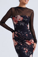 Laden Sie das Bild in den Galerie-Viewer, Schwarzes Blumen-Illusionshals-Meerjungfrauen-Langarm-Festkleid