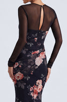 Laden Sie das Bild in den Galerie-Viewer, Schwarzes Blumen-Illusionshals-Meerjungfrauen-Langarm-Festkleid