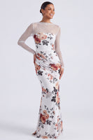 Laden Sie das Bild in den Galerie-Viewer, Schwarzes Blumen-Illusionshals-Meerjungfrauen-Langarm-Festkleid