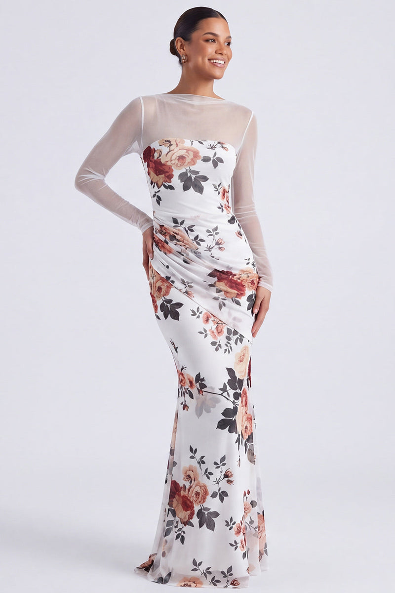 Laden Sie das Bild in den Galerie-Viewer, Schwarzes Blumen-Illusionshals-Meerjungfrauen-Langarm-Festkleid