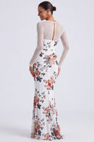 Laden Sie das Bild in den Galerie-Viewer, Schwarzes Blumen-Illusionshals-Meerjungfrauen-Langarm-Festkleid