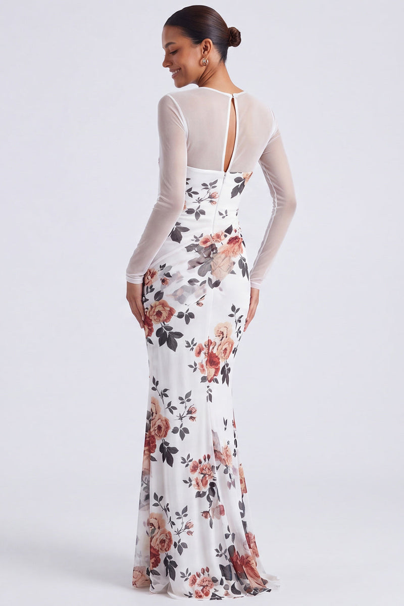 Laden Sie das Bild in den Galerie-Viewer, Schwarzes Blumen-Illusionshals-Meerjungfrauen-Langarm-Festkleid