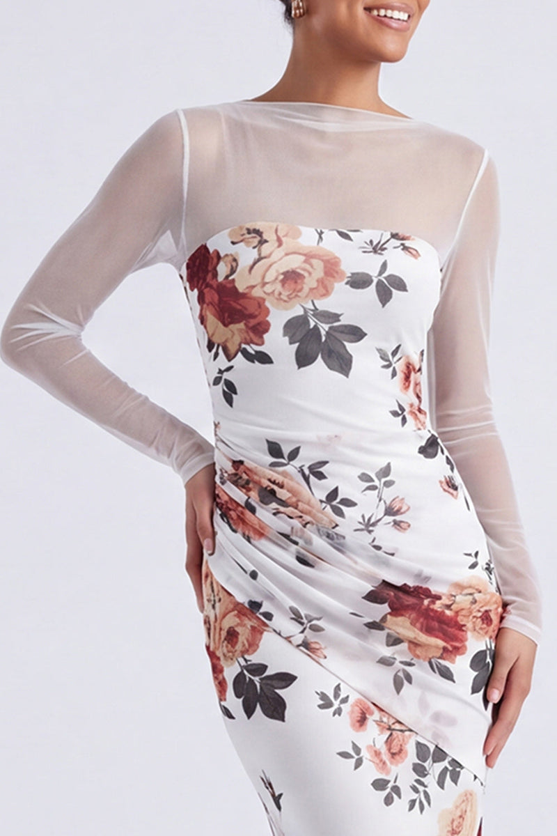 Laden Sie das Bild in den Galerie-Viewer, Schwarzes Blumen-Illusionshals-Meerjungfrauen-Langarm-Festkleid
