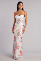 Laden Sie das Bild in den Galerie-Viewer, Elfenbeinfarbene, florale Spaghettiträger, Pailletten-Meerjungfrauenkleid