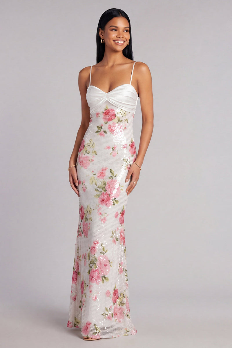 Laden Sie das Bild in den Galerie-Viewer, Elfenbeinfarbene, florale Spaghettiträger, Pailletten-Meerjungfrauenkleid