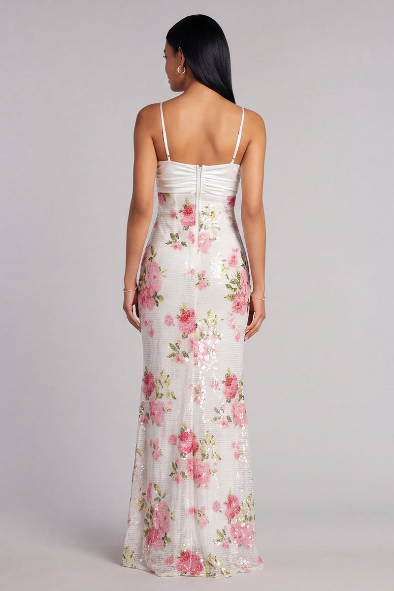 Laden Sie das Bild in den Galerie-Viewer, Elfenbeinfarbene, florale Spaghettiträger, Pailletten-Meerjungfrauenkleid