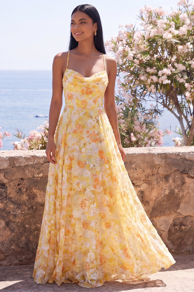 Laden Sie das Bild in den Galerie-Viewer, Gelbes A-Linie Maxi-Blumenkleid