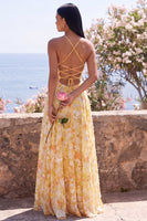 Laden Sie das Bild in den Galerie-Viewer, Gelbes A-Linie Maxi-Blumenkleid