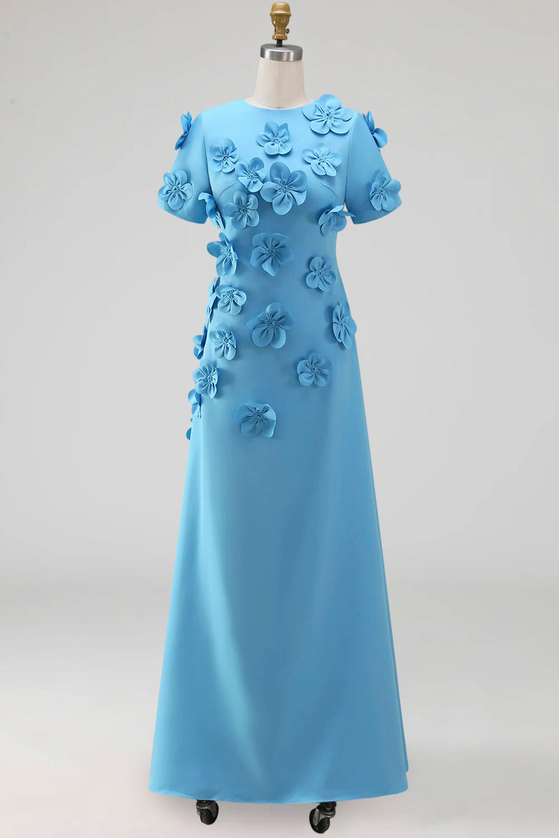 Laden Sie das Bild in den Galerie-Viewer, A-Linie Blaues Rundhals Blumen Maxikleid mit kurzen Ärmeln