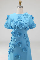 Laden Sie das Bild in den Galerie-Viewer, A-Linie Blaues Rundhals Blumen Maxikleid mit kurzen Ärmeln