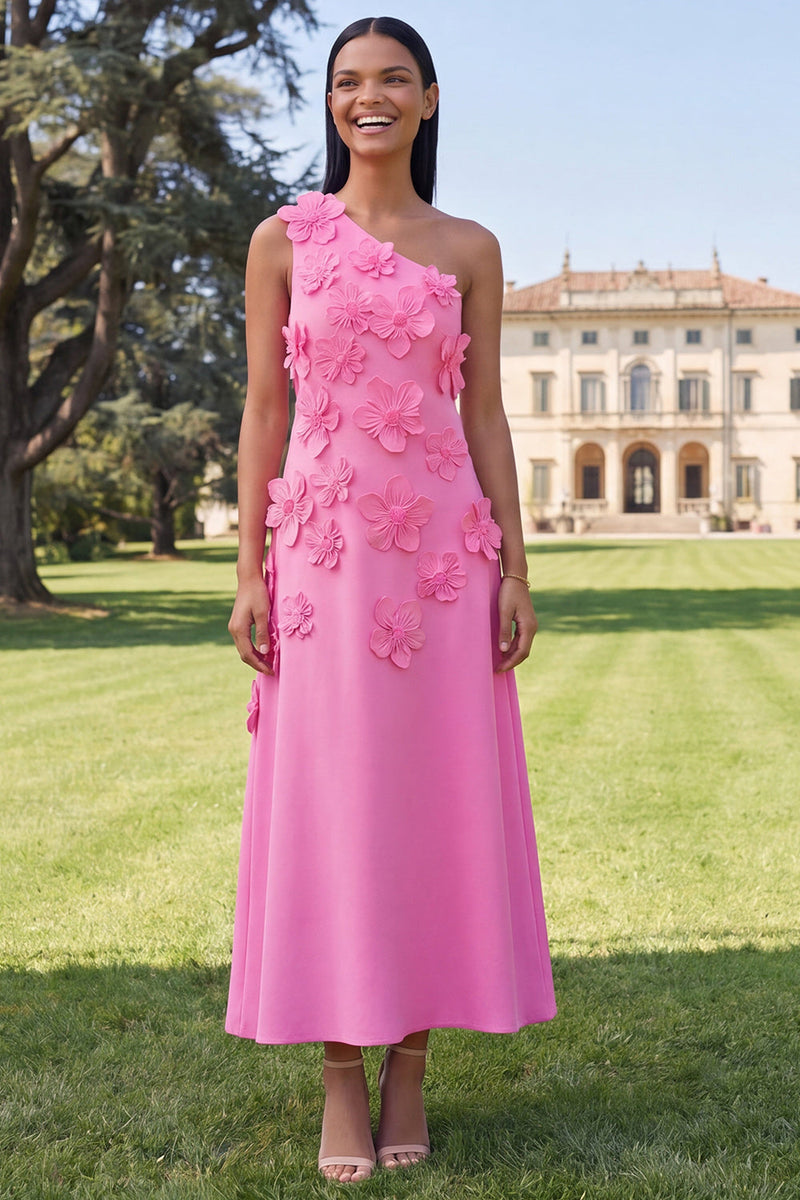 Laden Sie das Bild in den Galerie-Viewer, Gelbes einschulteriges A-Linien-Midi-Blumenkleid