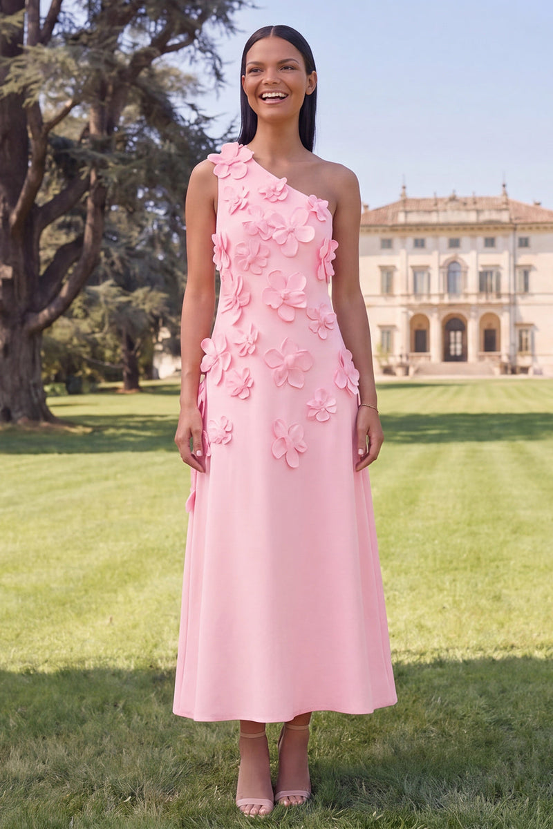 Laden Sie das Bild in den Galerie-Viewer, Gelbes einschulteriges A-Linien-Midi-Blumenkleid