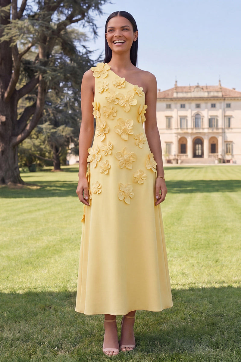 Laden Sie das Bild in den Galerie-Viewer, Gelbes einschulteriges A-Linien-Midi-Blumenkleid