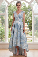 Laden Sie das Bild in den Galerie-Viewer, A-Linie blaues V-Hals-Jacquard-Jacquard-High-of-the-Bride-Kleid mit Mützenärmeln